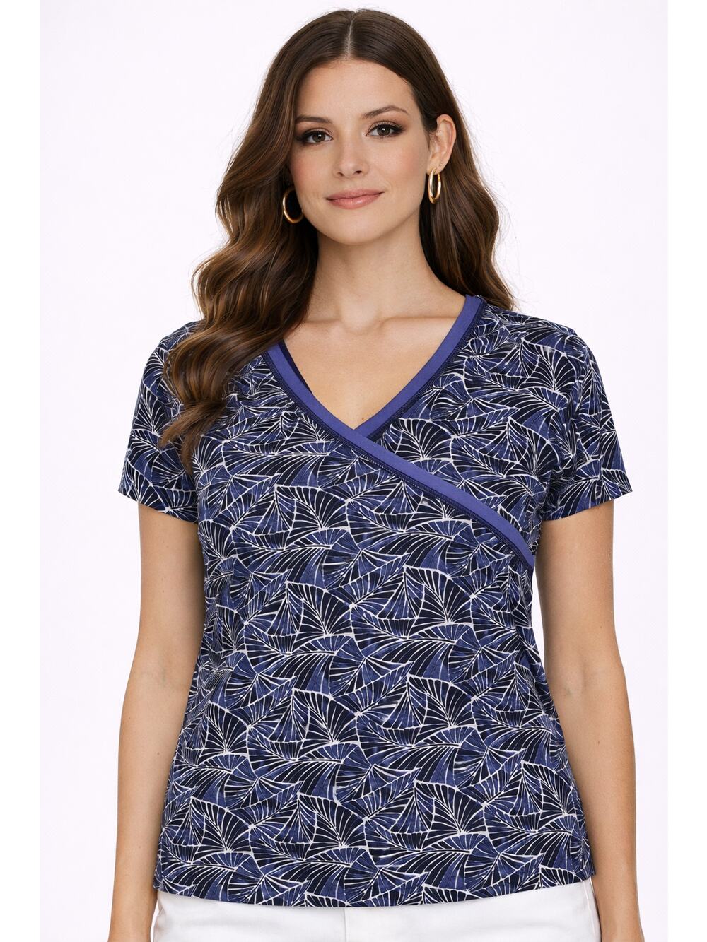 Garnet Hill Womens Organic Cotton V Neck Tropical T Shirt Navy Size Medium NWT